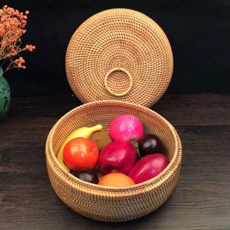 

Autumn Rattan Weave Fruit Basket Round Organizers Box Dried Fruit Candy Snacks Dessert Food Storage Container with Lid