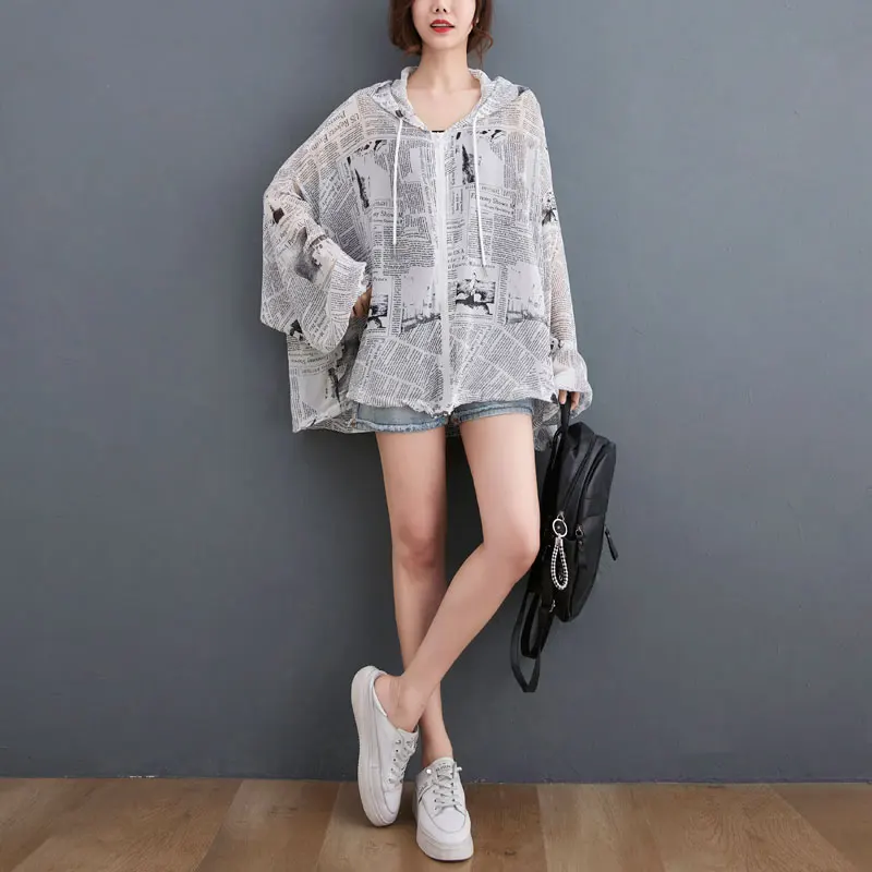 

DIMANAF Plus Size Jacket Women Blouse Shirts Newspaper Print Chiffon Thin Cardigan Zipper Summer White Coats Oversize 4XL 5XL