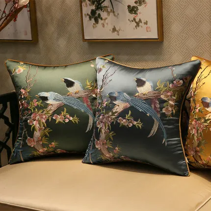 New Chinese Flower And Bird Embroidery Classical Mahogany Sofa Pillowcase Bed Large Backrest Pillow With Core Cushion Case
