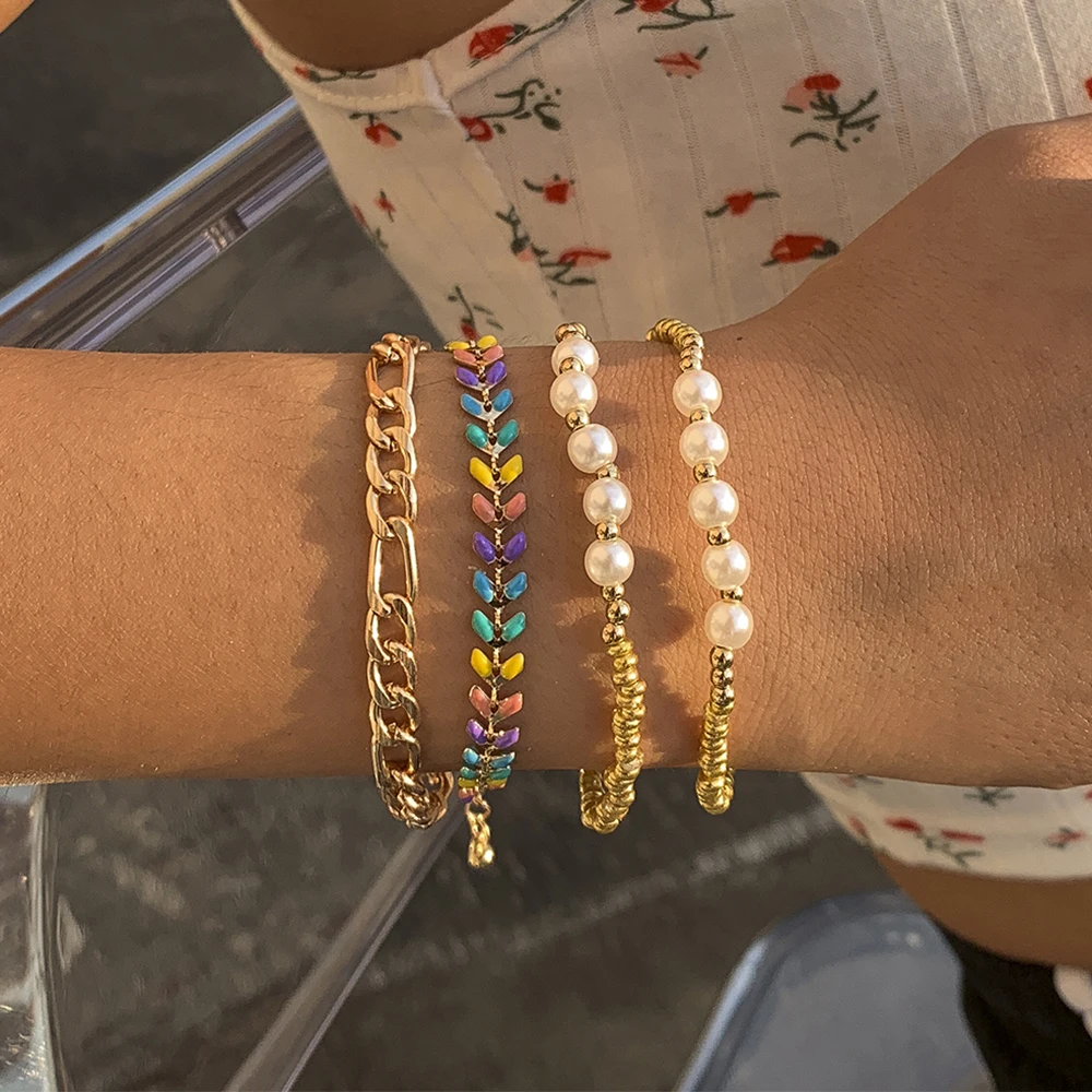 

Lacteo 2021 Bohemian Imitation Pearls Beads Bracelet Vintage CCB Rainbow Multi Layered Thick Bangle Bracelet Handmade Chain