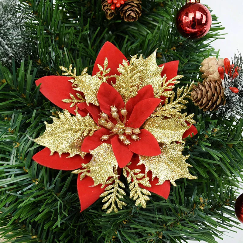 

5 шт. блестящие Искусственные Рождественские цветы, украшения для рождественской елки, искусственные украшения для дома, Новогодний подаро...