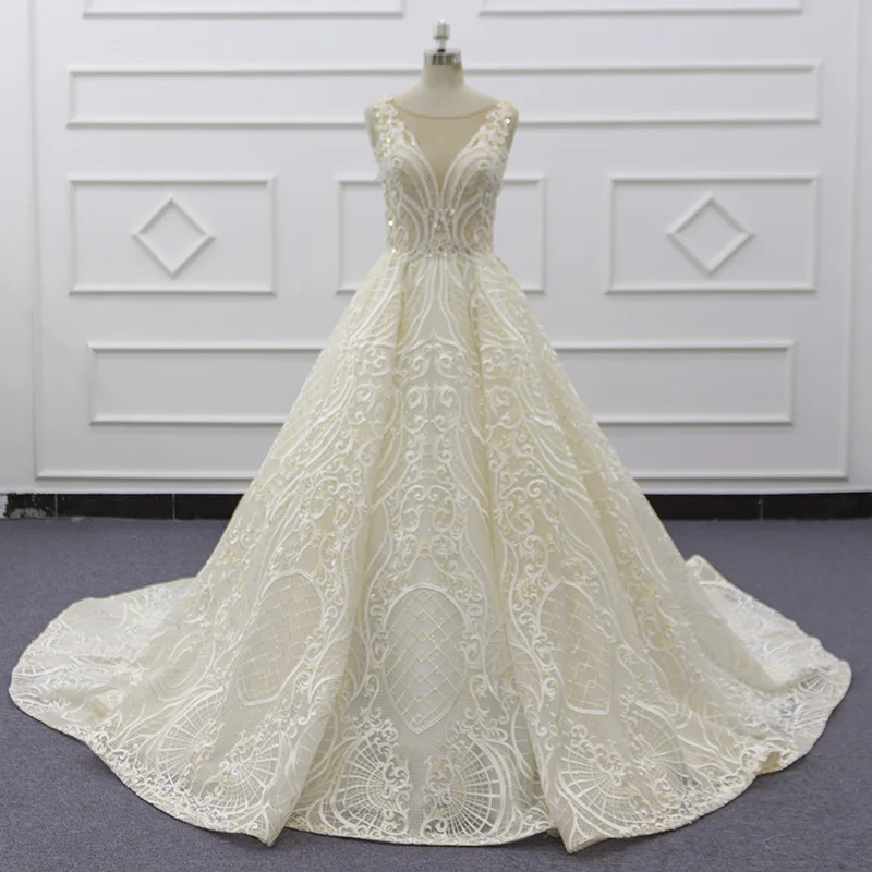 

Molanda Hung 2021 High Quality Custom Made Wedding Dress V-Neck Ball Gown Appliques Beading Draped V-Back Zipper Champagne SJ144