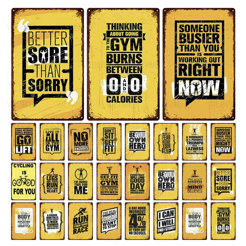 

Slogan Tin Decorative Sign Yellow Tone Motivation Metal Sign Home Decoration Retro The Real Workout Begins When You Want To Stop