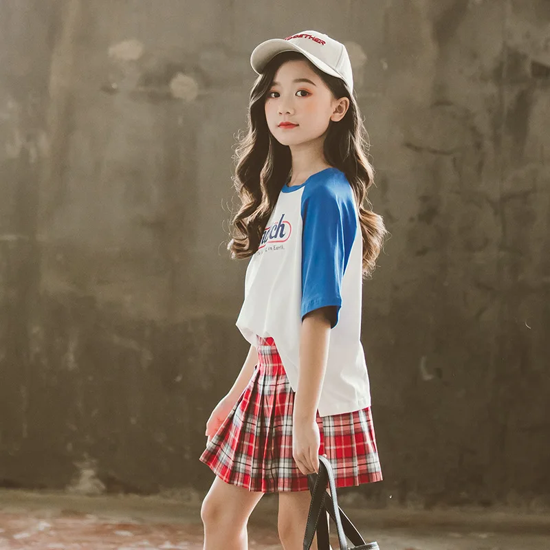 

Children Girl Tracksuit Girls Sports Suit Girls Tee+plaid Skirt 2 Pcs Clothes Set Cotton Girl Tennis Clothing Set 2-16Yrs CL569