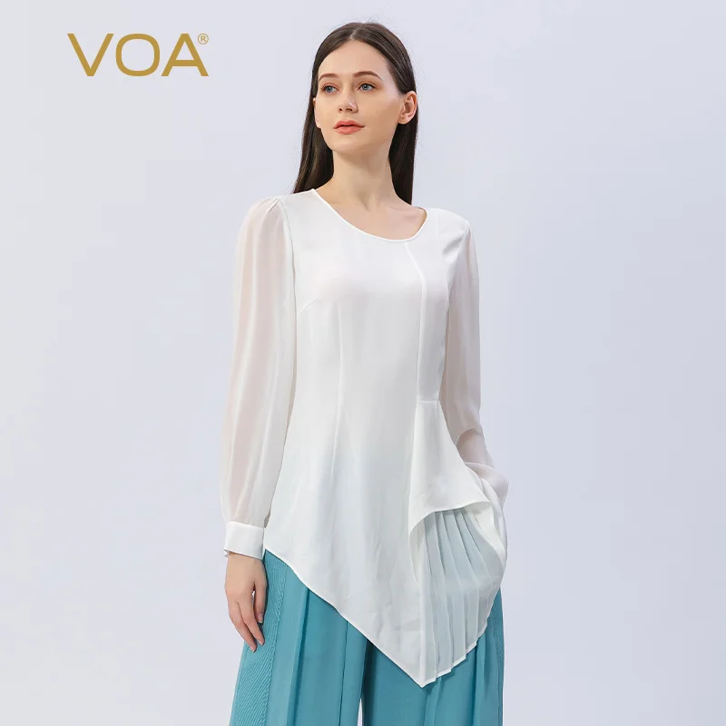 

VOA Simple O-Neck Asymmetric Arc Hem Silk White Tops Office Ladies T-Shirts Solid Shirt Long Sleeves Loose Woman Tshirts BE871