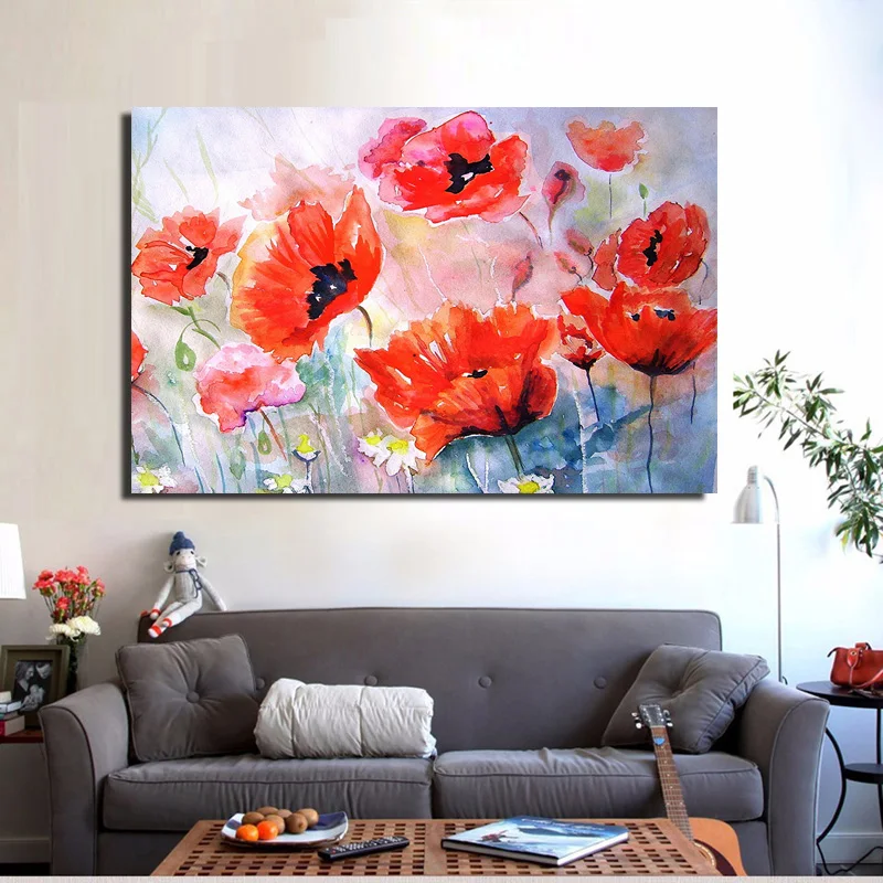 Картина маслом на холсте пейзаж с дикими красными цветами маками Современная