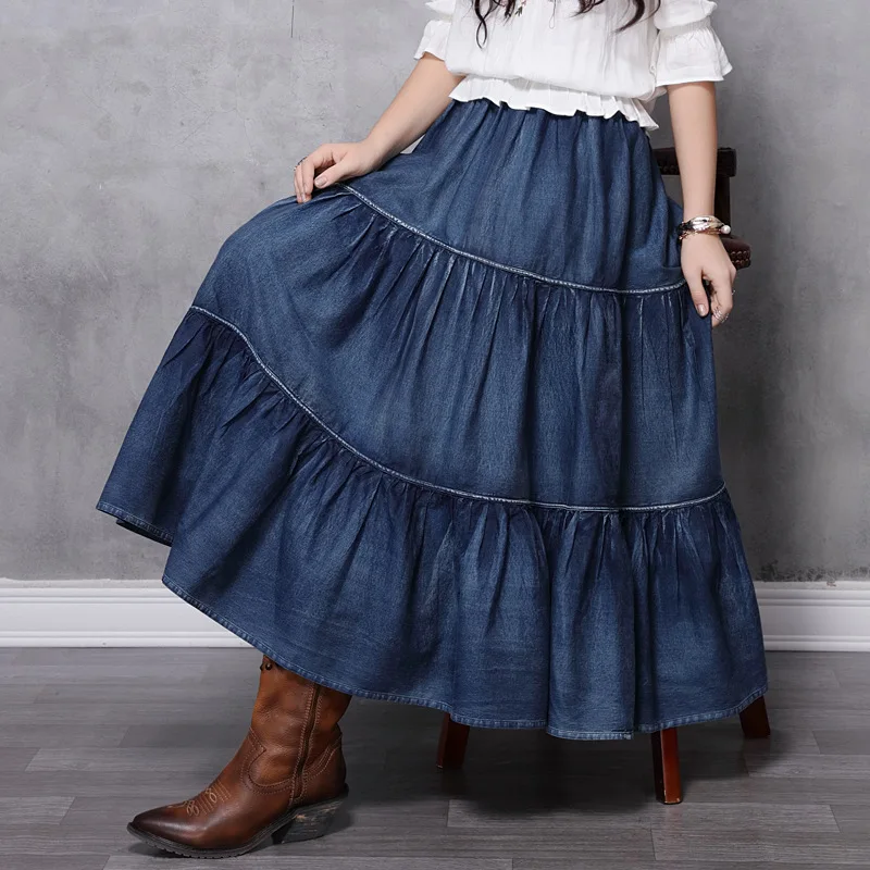 

Tiered Denim Skirt Women Ankle Length Skirts Jeans Blue S-XL