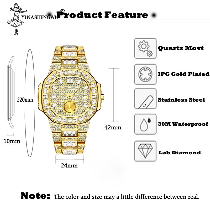 

Patek New Luxury Brand Watch Mens Quartz Fashion Wrist Watches Black Rhinestone Man Baugette Wristwatch Male Quartz Clock Gifts