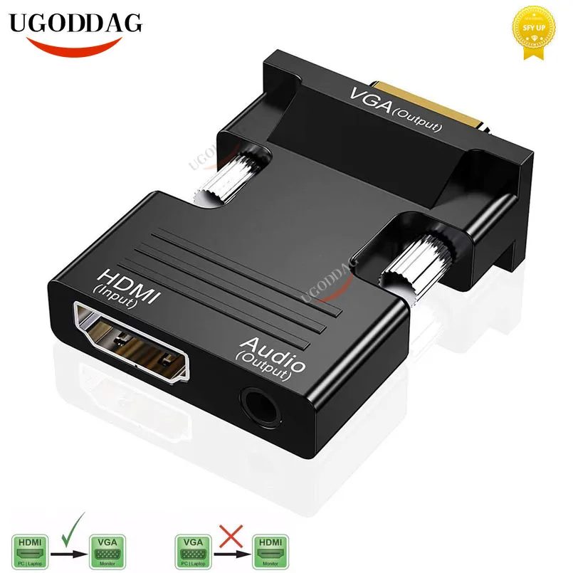 

Адаптер HDMI-VGA 1080P, кабель-преобразователь с аудиовыходом 3,5 мм для ТВ-приставки, ноутбука, настольного компьютера, монитора, проектора, HD-теле...