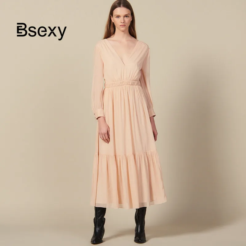 Дизайнерские платья для подиума осень 2019 с двойным v образным вырезом длинными