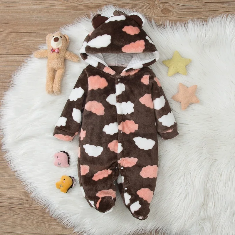 

Baby Boy Clothes New Winter Color Cloud Printing One-piece Hooded Single-breasted Long Romper An*
