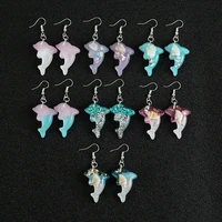 1pair cute cartoon dolphin drop earrings resin ocean animal dangle earrings for women birthday gifts jewelry