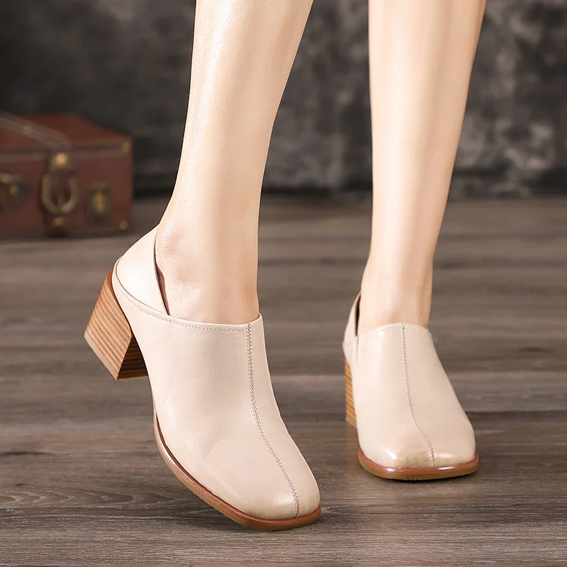 Туфли женские на толстом каблуке однотонные простые кожаные туфли-лодочки