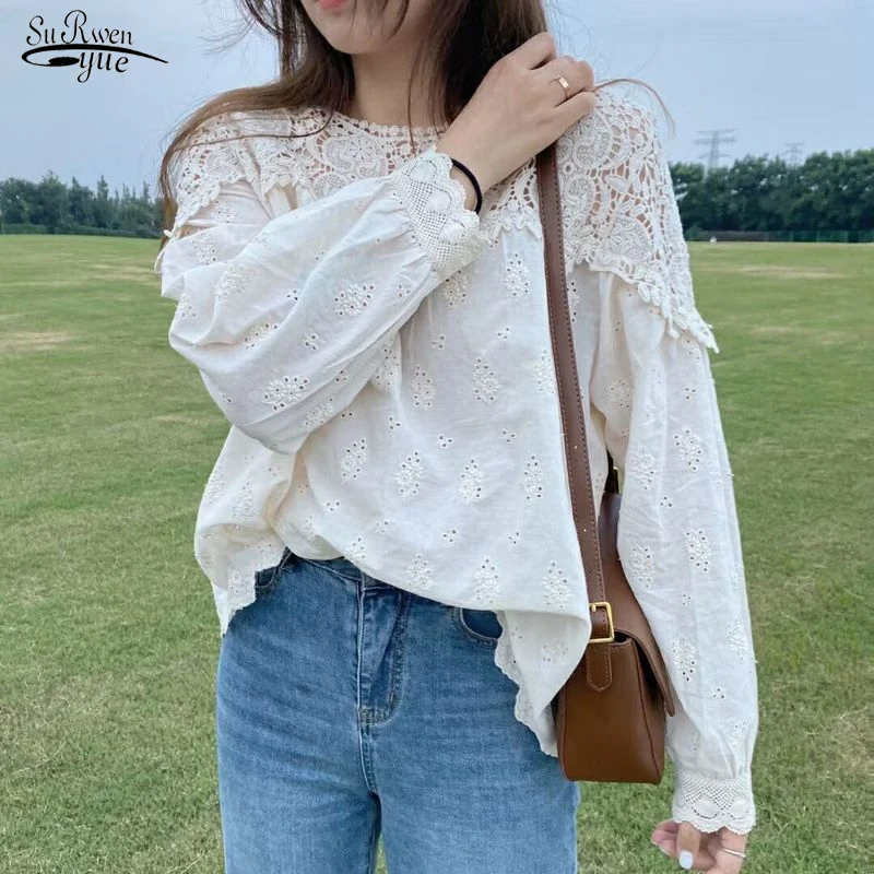 

Spring Hollow Out Lace Blouse Women Korean Chic Hook Floral Tops New Sweet Loose Clothes O-neck Casual Beige Blouse Blusas 18392
