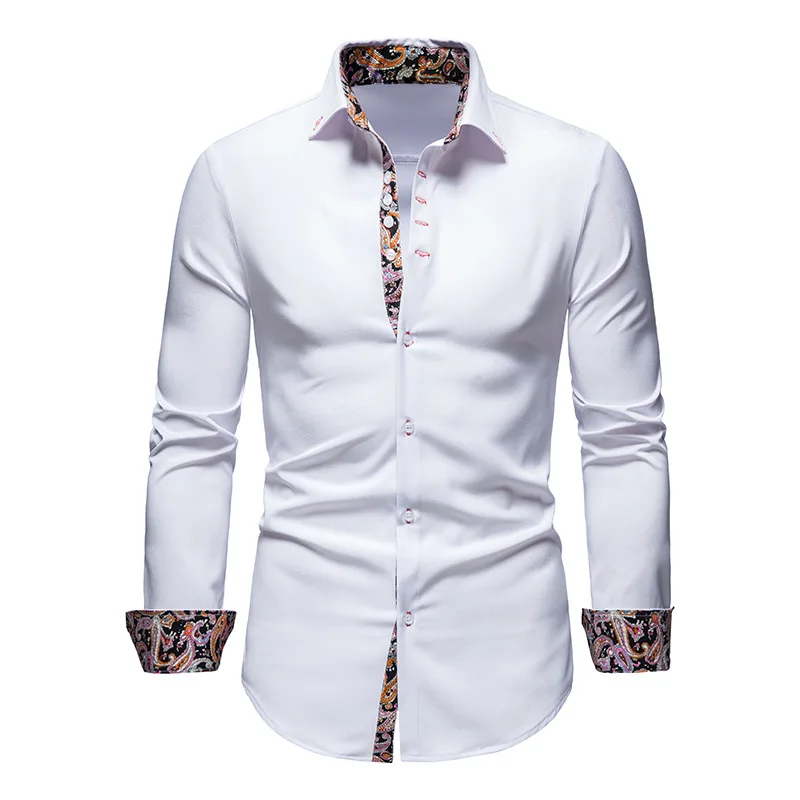 

White Paisley Mens Shirt Patchwork Slim Long Sleeve Casual Shirts Men Splice Print Work Business Wedding Camisas Spring Brand
