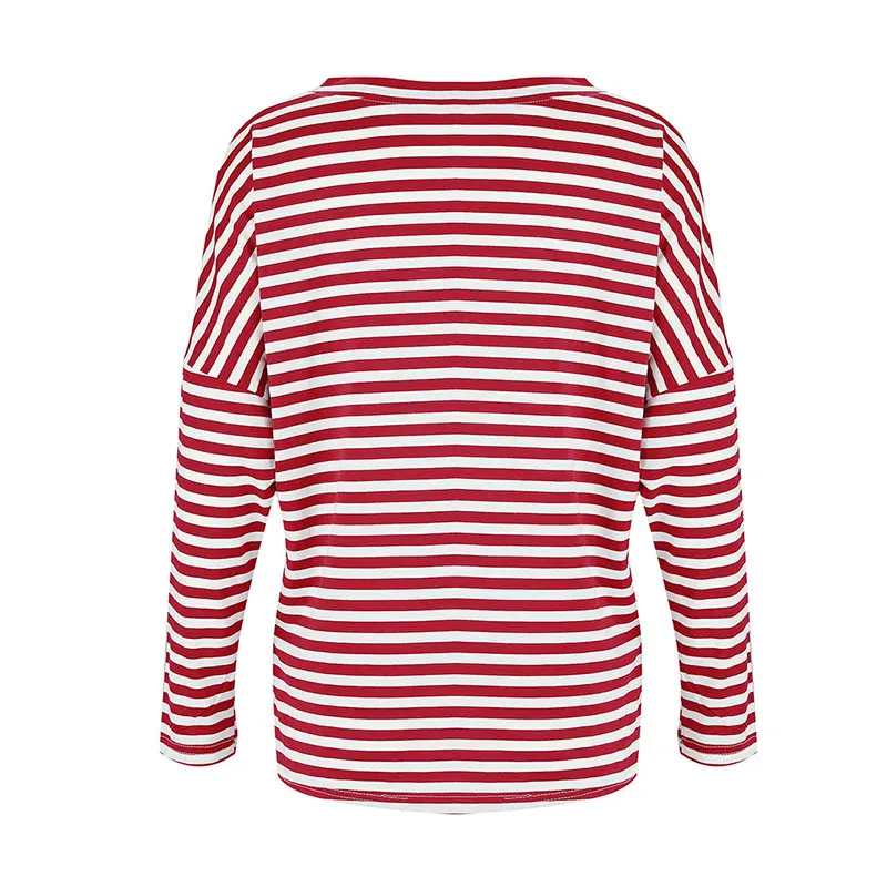 

Red Stripe Printed T Shirt for Women Casual Long Sleeve Tunic Clothes V Collar Lady Tee Tops