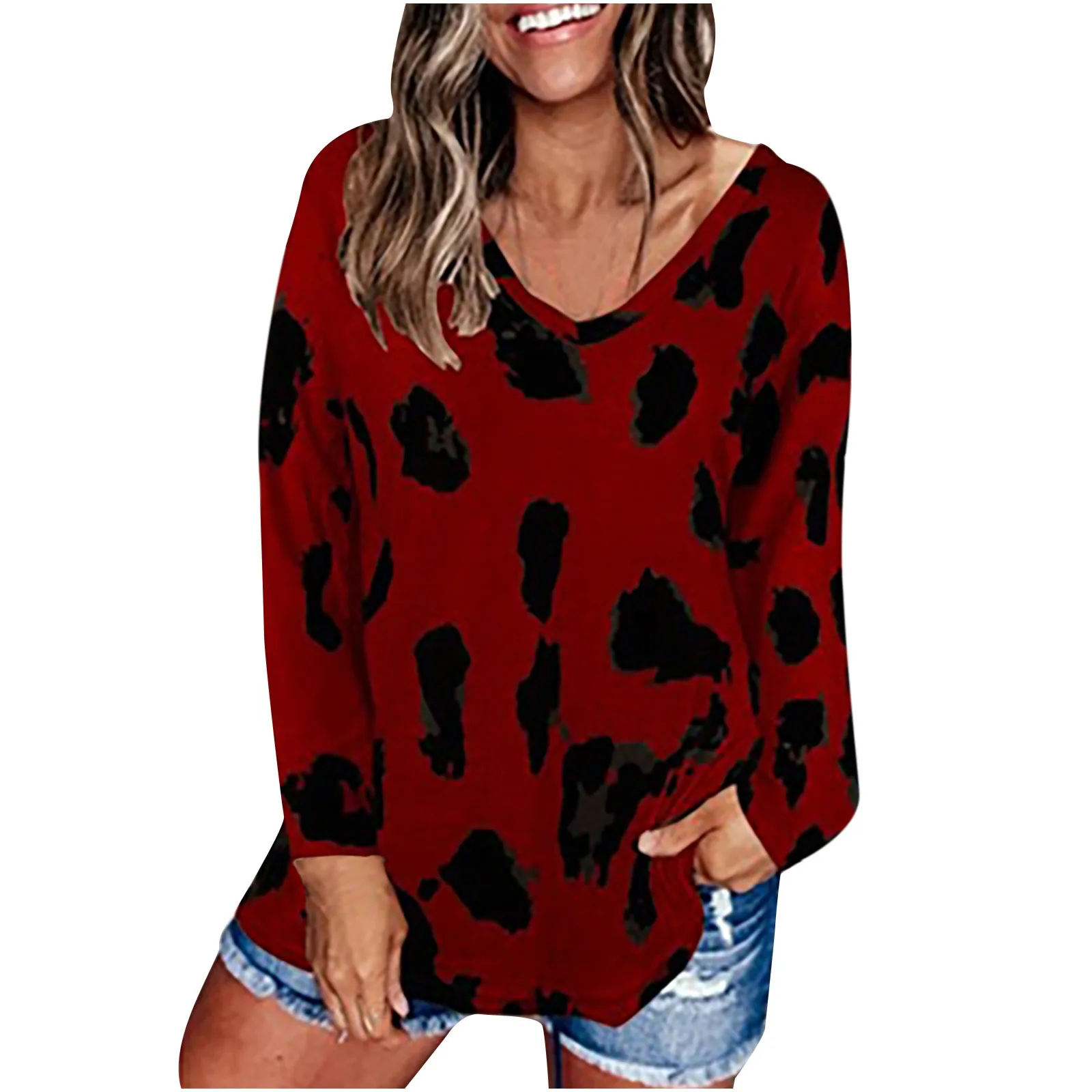 Leopard Hoodie V Neck Woman Tshirts Long Sleeve Loose Top Women Casual Soft Tops Tee Shirts Female Harajuku Mujer Camisetas