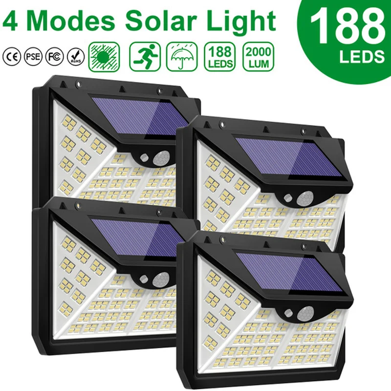 

188 LED Solar Light Outdoor 4Modes Solar Lamp Powered Sunlight Waterproof PIR Motion Sensor Light for Garden Patio