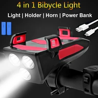 multi function 4 in 1 bicycle light 3t6 lamp beads bicycle headlight with horn mobile phone holder power bank with usb battery