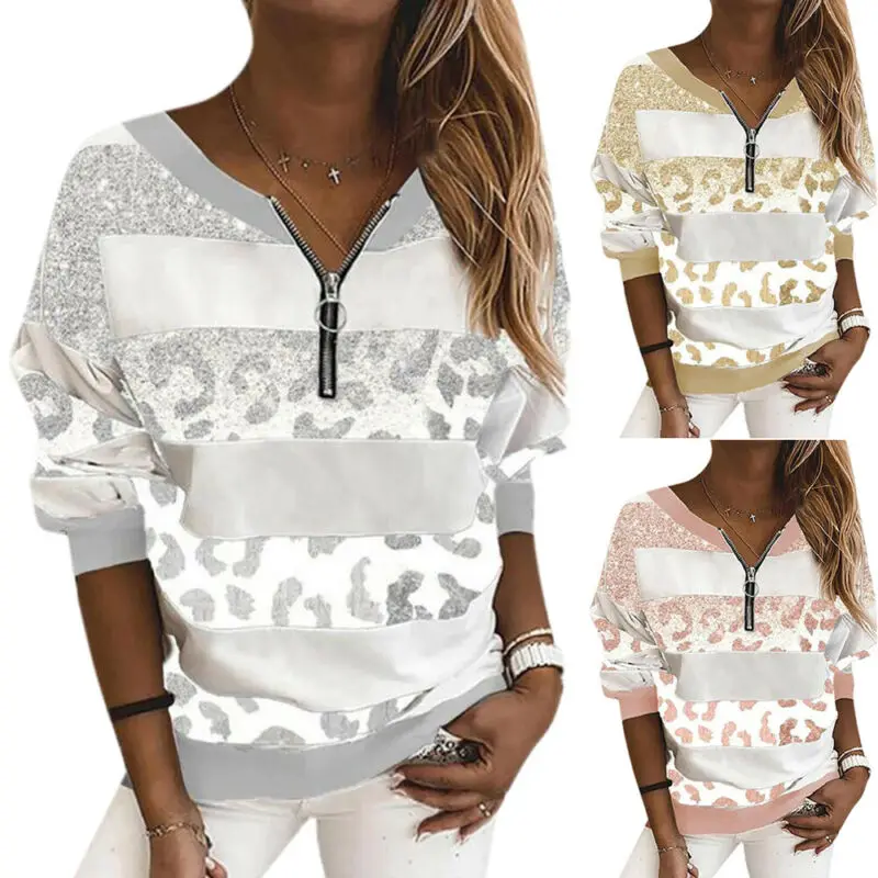 

Womens Zip Leopard Printed T Shirts Sweatshirt Sequins Loose Casual Blouse Tops