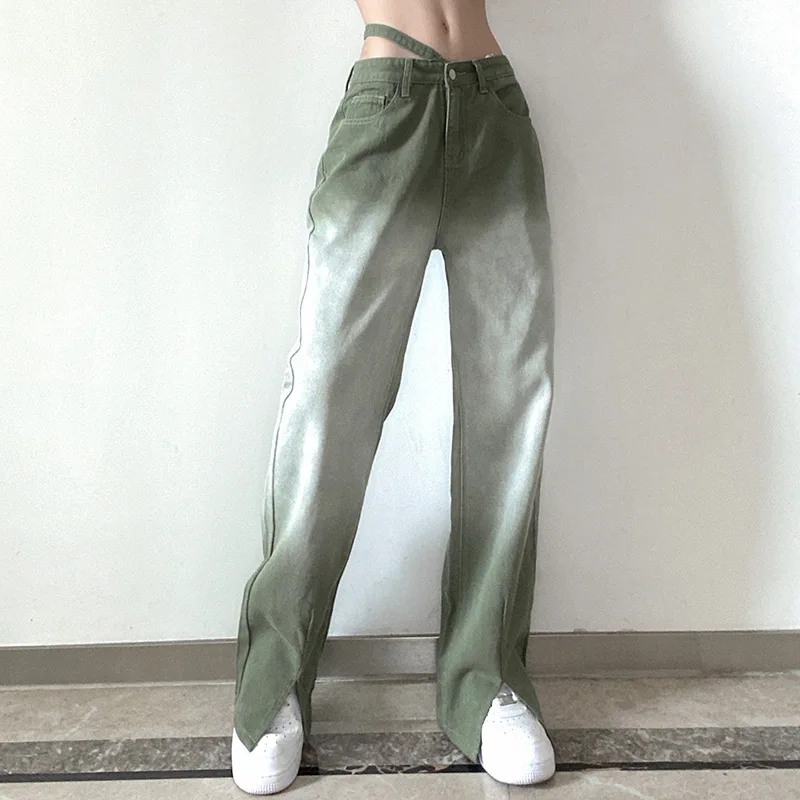 

2021 European and American Fashion Personality Asymmetrical Belt Tie-dye Gradient Color Straight Casual Denim Trousers Women