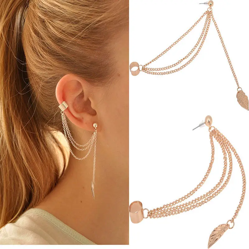 

Fashion Personality Metal Ear Clip Single Leaf Tassel Earrings Cuff Women And Girls Caught In The Ear Ear Cuffs Jewelry