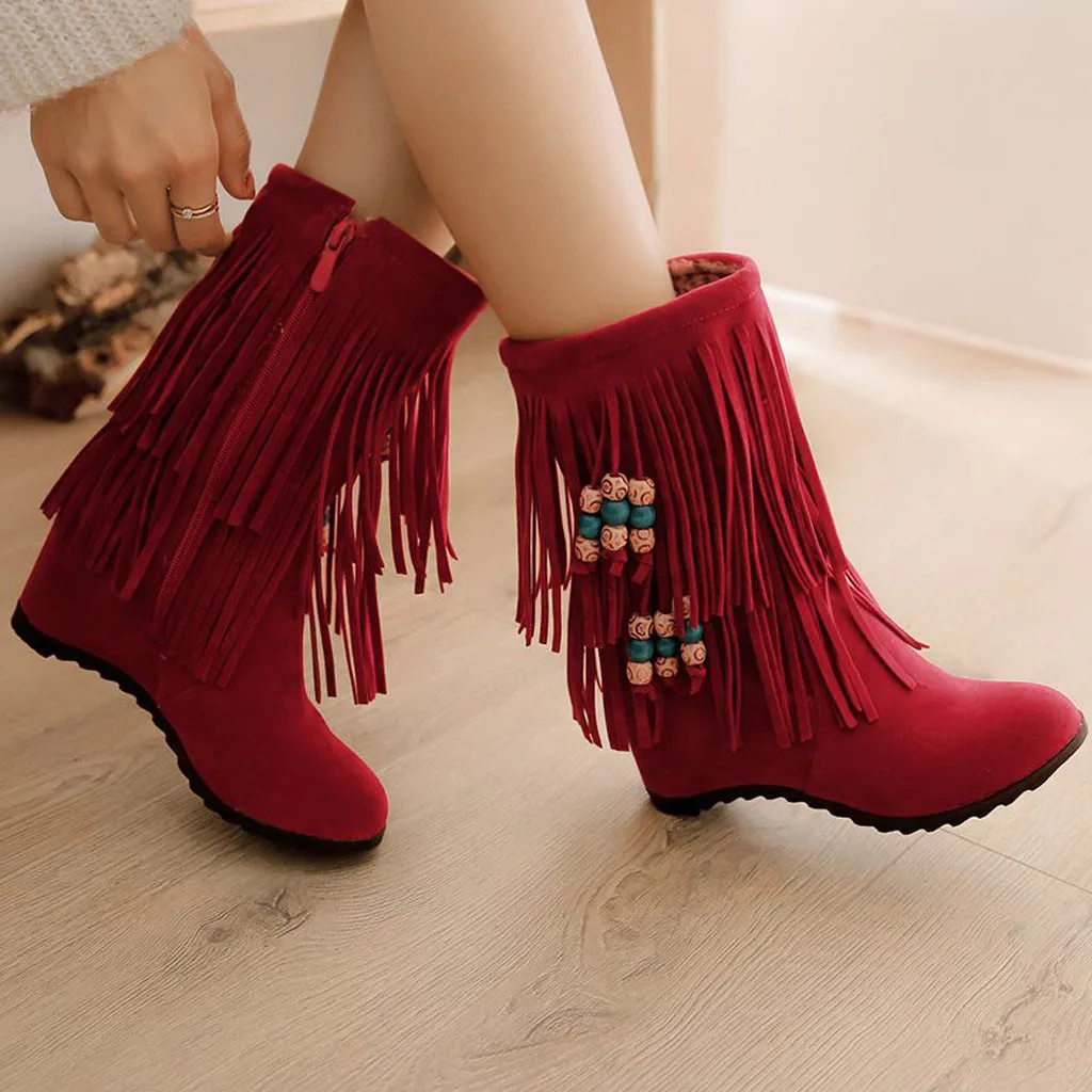 Женские замшевые сапоги с бахромой зимние вышивкой модные женские теплые на