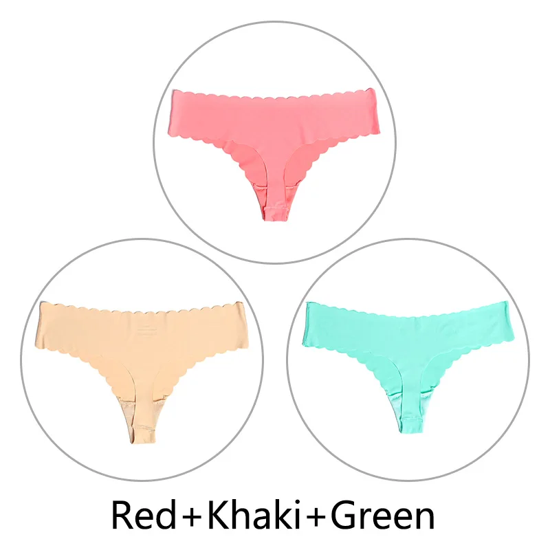 Red Khaki Green 3 шт./партия ультра-тонкий открытый Шелковый бесшовный стринги с низкой посадкой, цельные сексуальные трусики-стринги, нижнее белье для женщин, танга XS-L, американский размер - Цвет: Red Khaki Green
