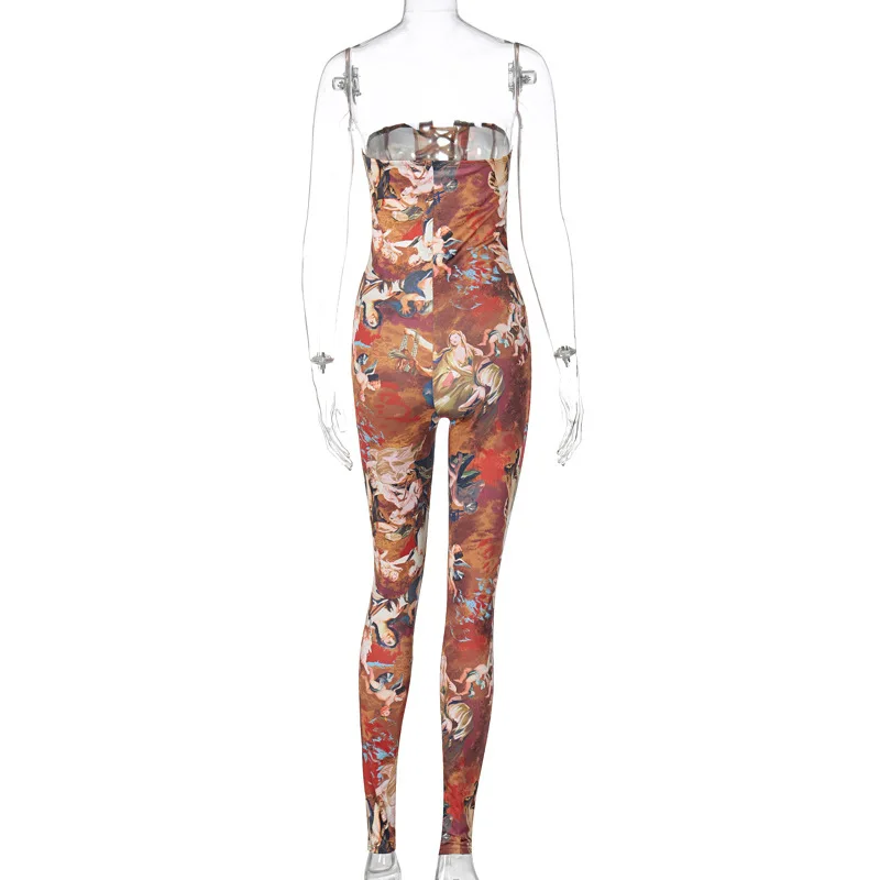 

Print Off Shoulder Women Jumpsuits Sexy Lace Up Workout Active Wear Fashion Overalls Bodycon Romper