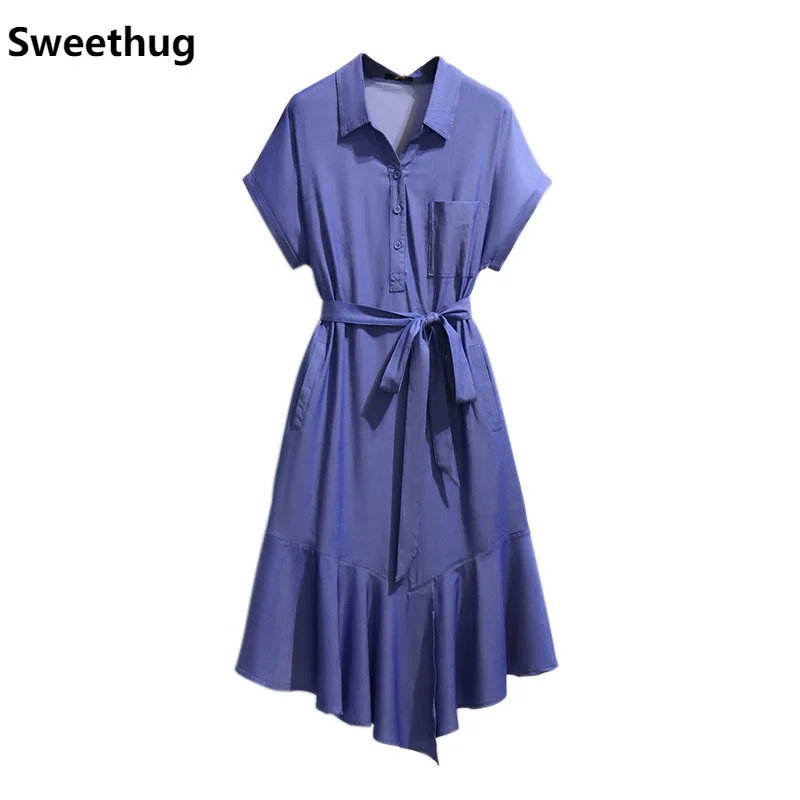 

New 2021 Ladies Summer Plus Size Shirt Dress For Women Large Short Sleeve Blue Denim Fold Pocket Belt Dress 3XL 4XL 5XL 6XL
