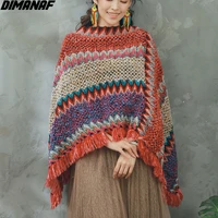 dimanaf 2021 oversize women sweaters knitting bat striped tassel blanket indie folk vintage pullover shawl wrap scarf sweater