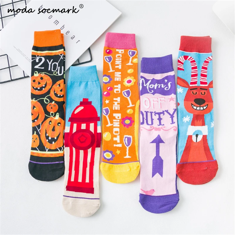 Moda Socmark счастливые мужские носки женские забавные носки с героями мультфильмов модные пара носков AB Асимметричные чулки Хэллоуин Тыква длинные носки