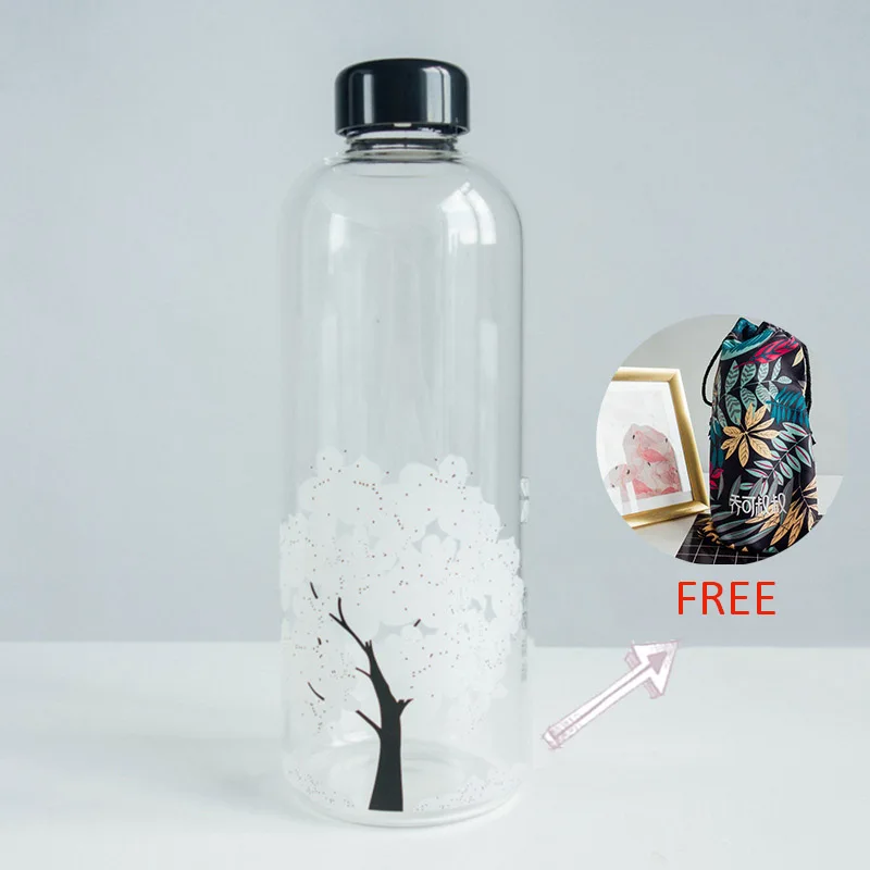 1000ML 1000 мл Вишневый градиентный цвет стеклянная бутылка для воды с защитной сумкой для детей, студенческие милые модные спортивные бутылки для напитков - Цвет: 1000ML