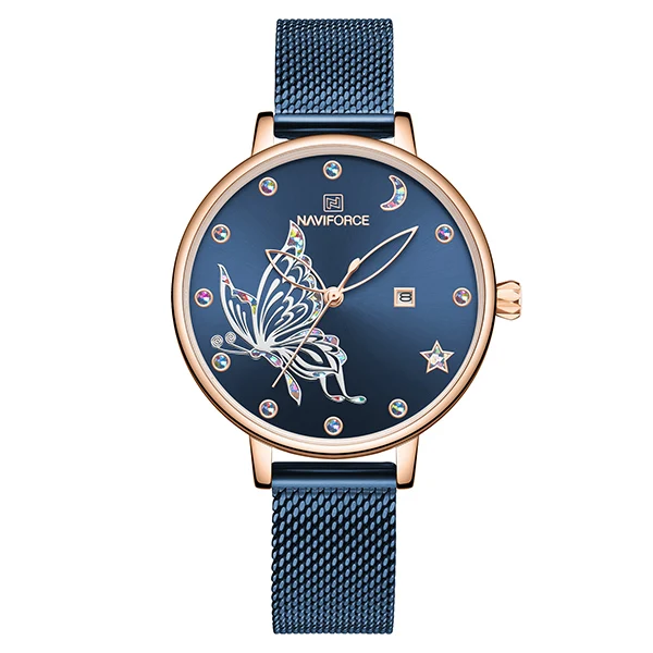 NF5011-Blue NAVIFORCE, новинка, женские часы, уникальная бабочка, нержавеющая сталь, сетчатый Браслет, кварцевые наручные часы для дам, девушек, модный подарок - Цвет: NF5011-Blue