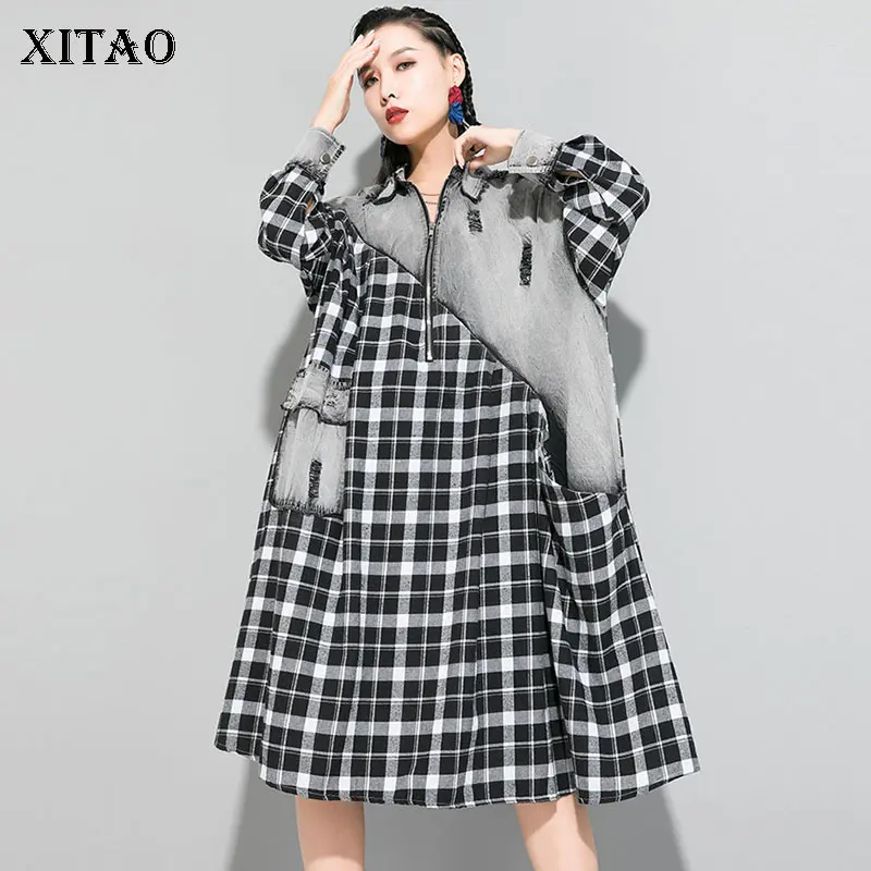 Женское клетчатое платье XITAO повседневное лоскутное размера плюс с карманом
