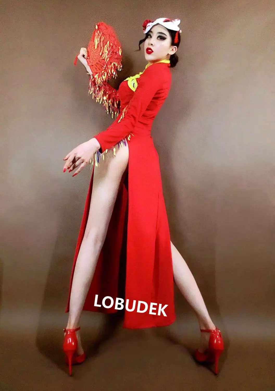 Женское сценическое платье-Ципао с бахромой блестками и разрезом | Тематическая