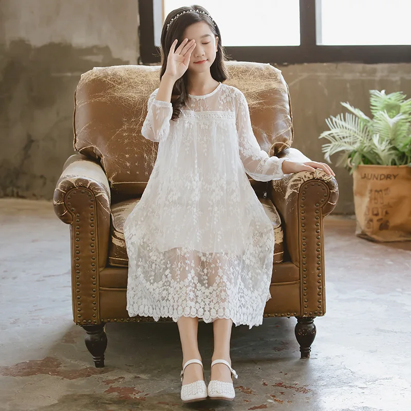 Big Girls Lace Hollow Summer Dress Kids Party Frocks Long Sleeve Elegant White bridesmaid Children Evening Vestidos | Детская одежда и