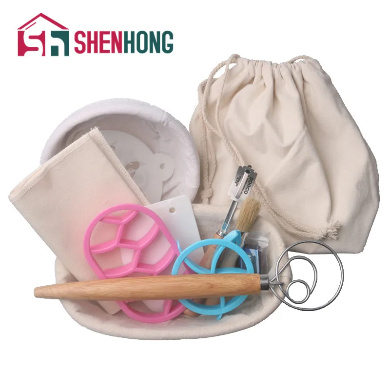 

12Pcs Set Dough Fermentation Rattan Basket with Arc Curved Knife Scraper Brush Danish Whisk Linen Embossing Mold Spray Stencils