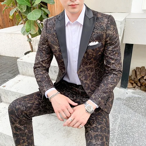 2 pieces yellow Роскошный Рождественский костюм, дизайн, мужские стильные костюмы с цветочным рисунком, сценический певец, свадебный смокинг для жениха, S-5XL - Цвет: 2 pieces yellow