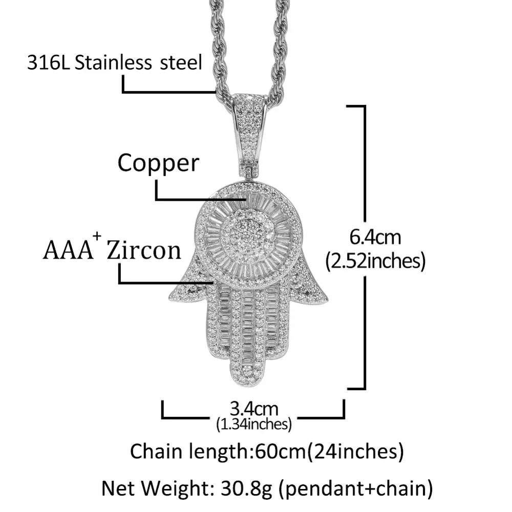 

New bling sliver angel eyes pendant necklace copper ice filled out cubic zirconia hand of fatima religion gold jewlery chain