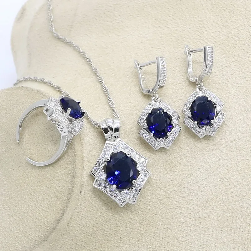 Синий кубический цирконий серебряного цвета свадебный браслет серьги ожерелье