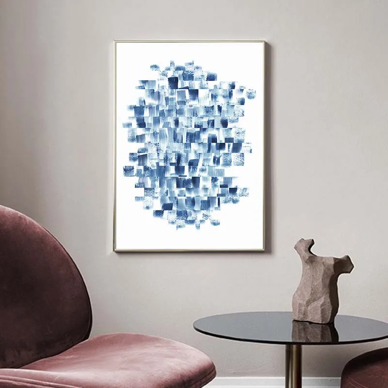 Скандинавский синий акварельный постер на холсте с кисточками современная