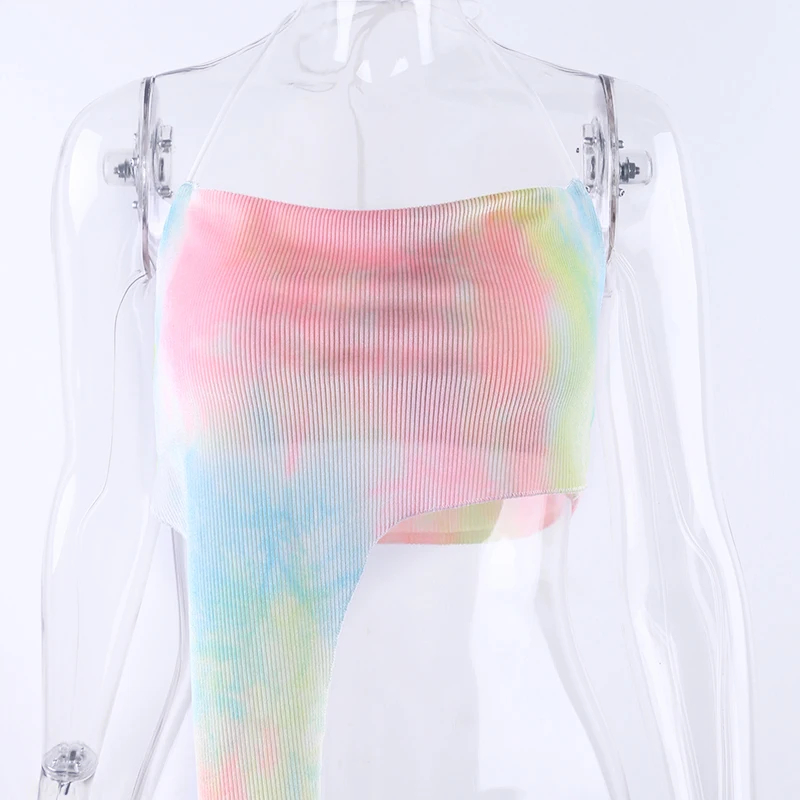 

Summer Sexy Irregular Crop Top Ladies Halter Lace Up Wrapped Top Backless Ribbed T-shirt Solid White Pullover Sleeveless Tee New