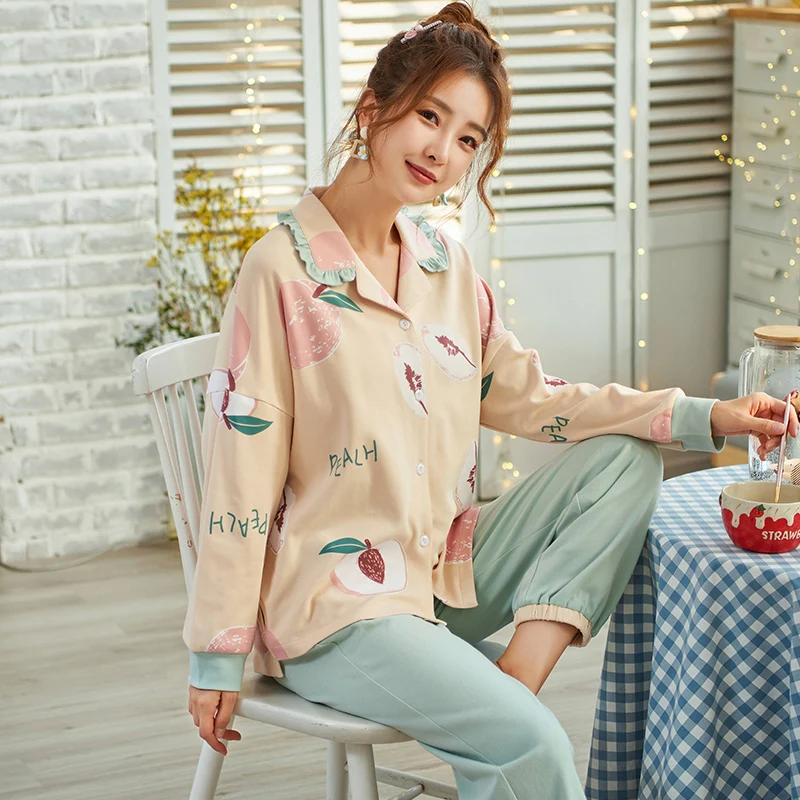 

Spring Knitted Cotton Women Pajamas Set Cartoon Long Sleeve Turn-down Collar Cardigan Plus Size 3XL Female Leisure Sleepwear