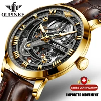 luxury men mechanical wristwatch automatic watch men classic skeleton leather top brand oupinke transparent sapphire waterproof