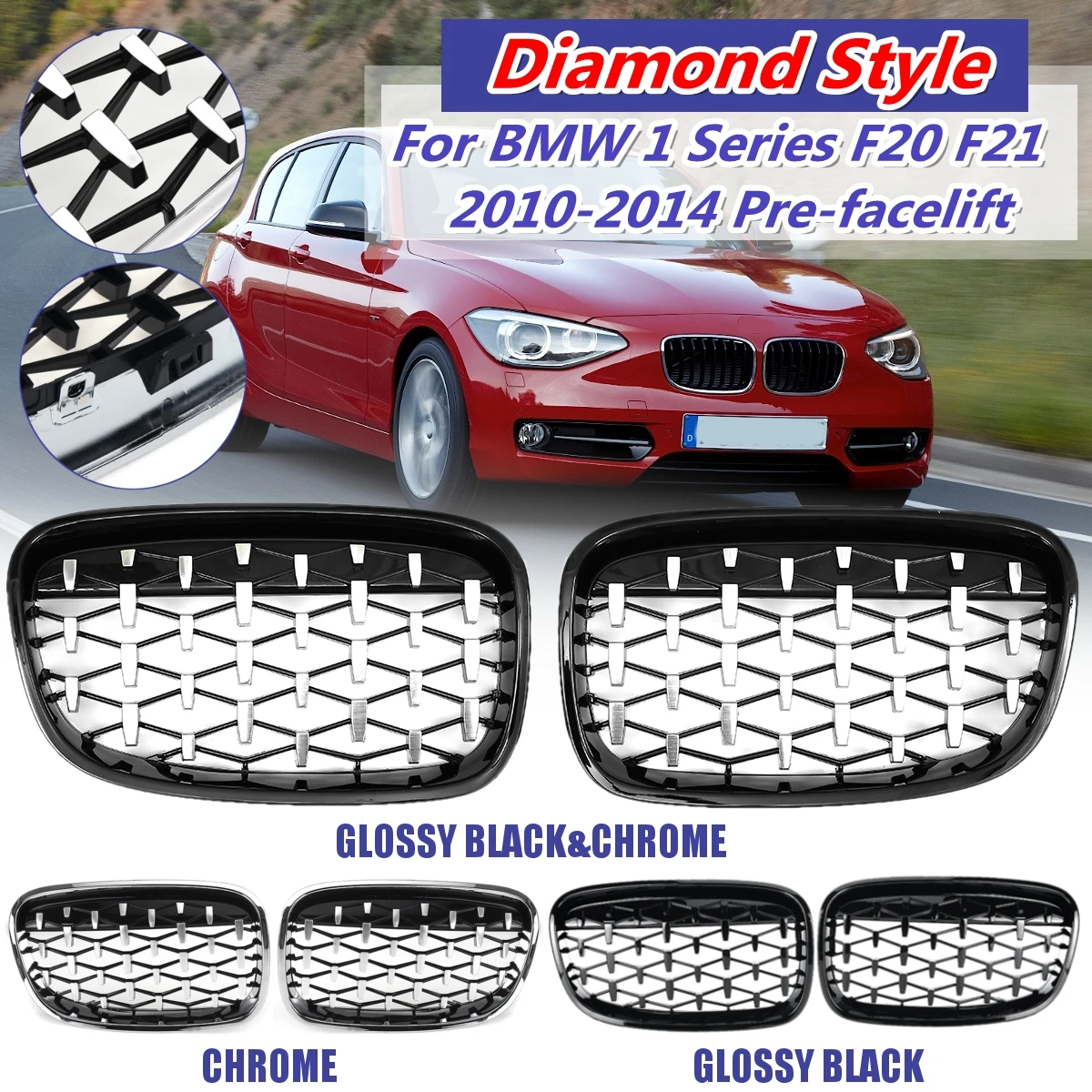 

Pair Diamond Front Bumper Grille Kidney Grilles For BMW E39 G30/38 F10/11/8 E36 Series 2010-2014/97-99/09-17 E81/82/87/88/90/91