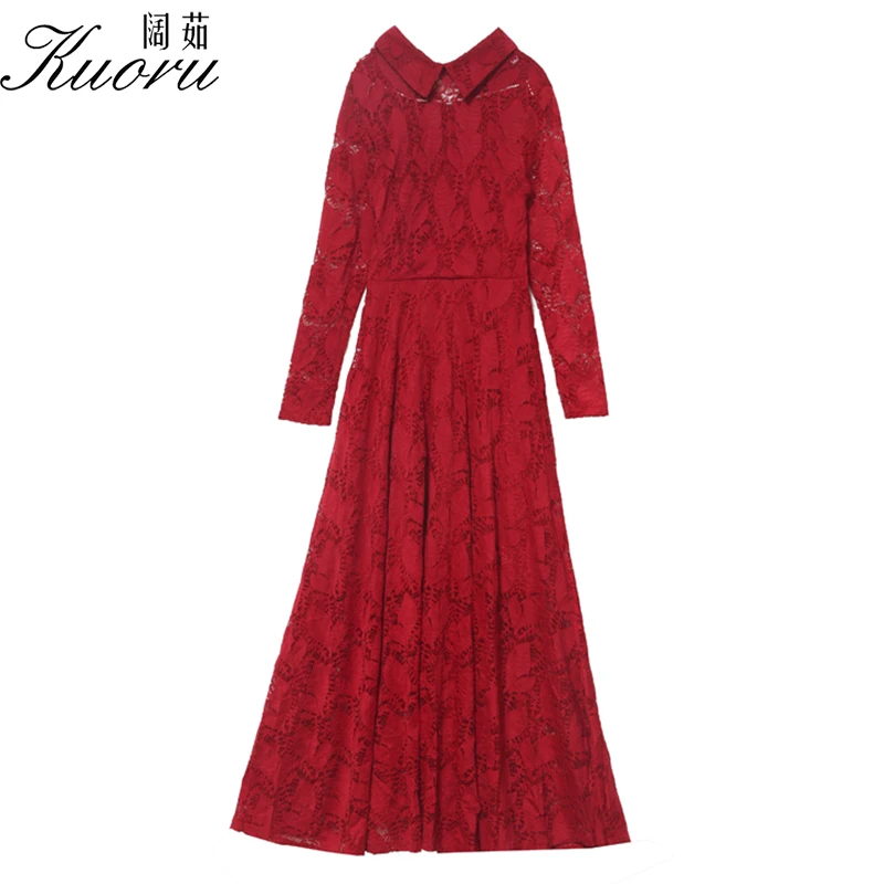 Женское платье с длинным рукавом красное Сетчатое вязаное крючком вечернее