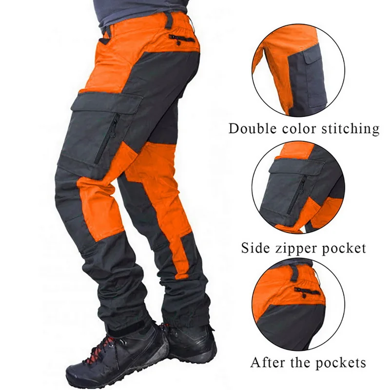 New Casual Men Fashion Color Block Multi Pockets Sports Long Cargo Pants Work Trousers for Men Outdoor Straight Pant Cargo Pants