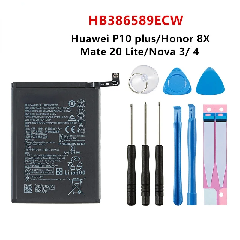 

100% Оригинальный HB386589ECW 3750 мАч аккумулятор для Huawei P10 plus Honor 8X View 10 V10 Mate 20 Lite Nova 3/4 батареи + Инструменты