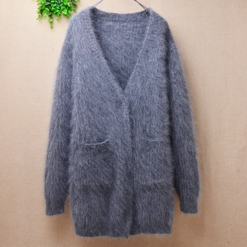 Плотный плотный Теплый Женский пушистый шерстяной вязаный полосатый кардиган из